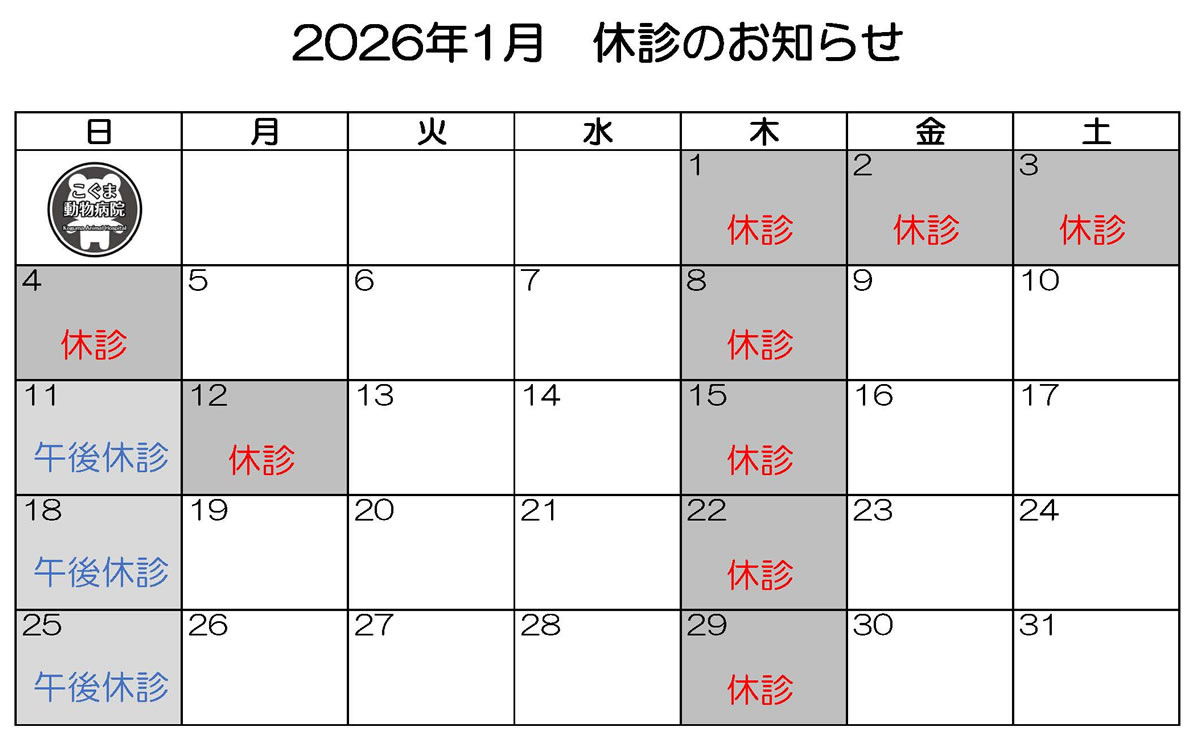 2026年1月休診のお知らせ